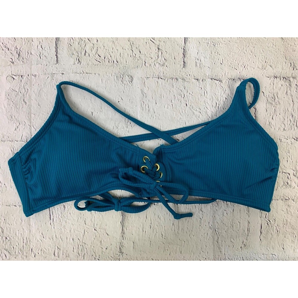 Deep Teal Juniors Ribbed Cross Back Bikini Swim Top US Medium Lace Front